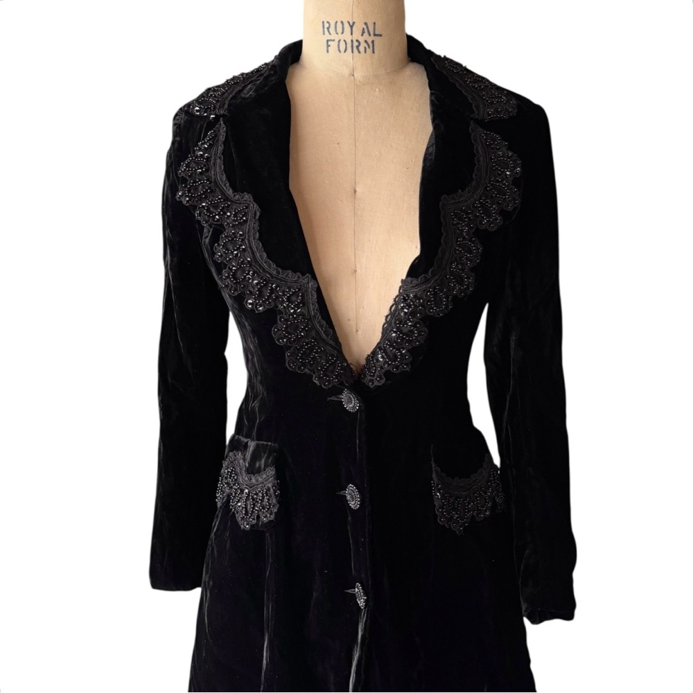 Vintage 1993 Anna Sui Black Velvet Beaded Edwardian Frock Coat - Picture 2 of 14